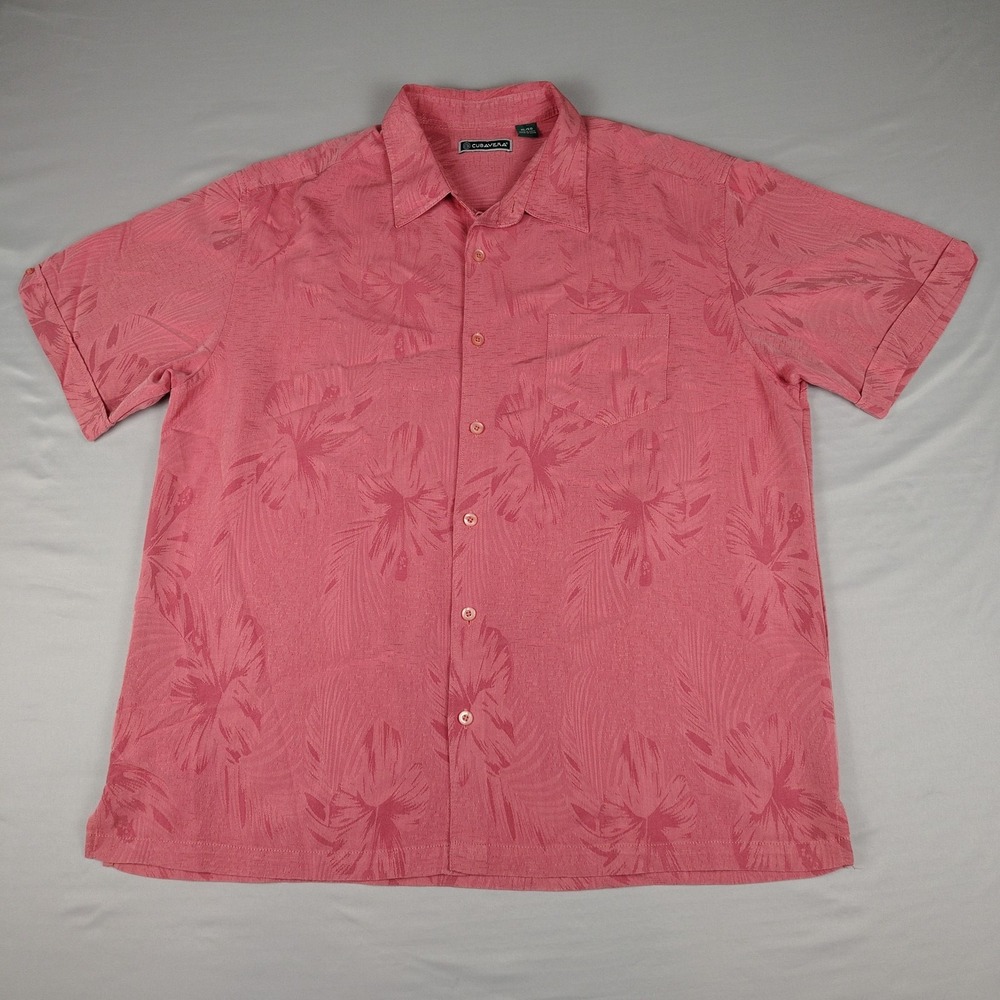 Cubavera Mens XL Shirt Coral Tropical Floral Rayon Blend Hawaiian Button Down